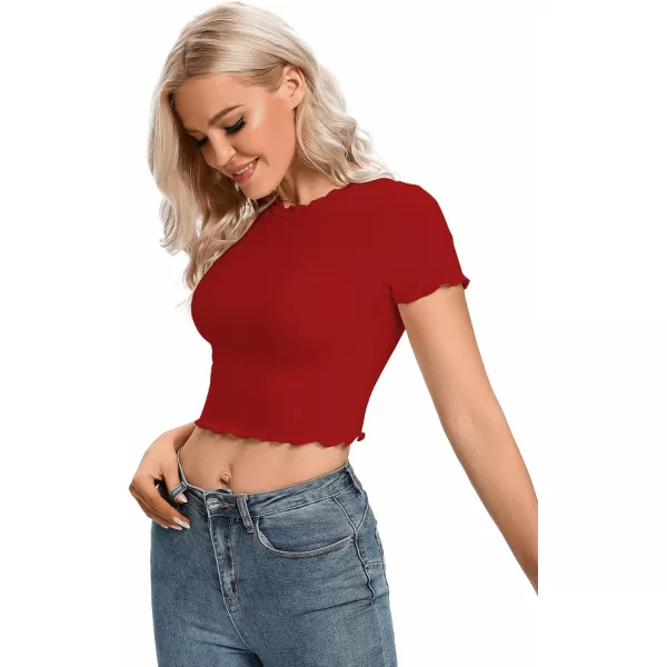 LYANER Women's Lettuce Trim Ribbed Knit Short Sleeve Crop Top Slim Fitted T-Shirt Tee