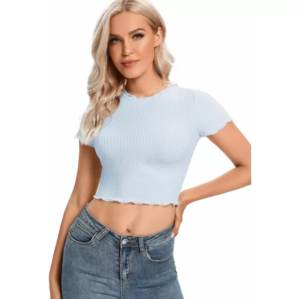 LYANER Women's Lettuce Trim Ribbed Knit Short Sleeve Crop Top Slim Fitted T-Shirt Tee