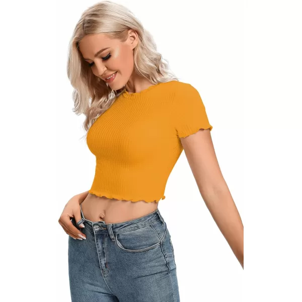 LYANER Women's Lettuce Trim Ribbed Knit Short Sleeve Crop Top Slim Fitted T-Shirt Tee