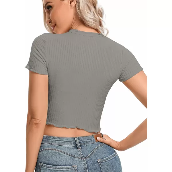 LYANER Women's Lettuce Trim Ribbed Knit Short Sleeve Crop Top Slim Fitted T-Shirt Tee