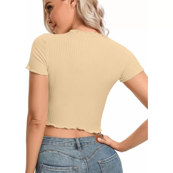 LYANER Women's Lettuce Trim Ribbed Knit Short Sleeve Crop Top Slim Fitted T-Shirt Tee