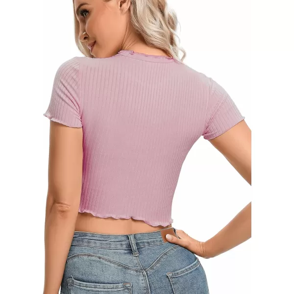 LYANER Women's Lettuce Trim Ribbed Knit Short Sleeve Crop Top Slim Fitted T-Shirt Tee