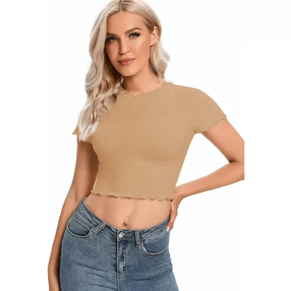 LYANER Women's Lettuce Trim Ribbed Knit Short Sleeve Crop Top Slim Fitted T-Shirt Tee
