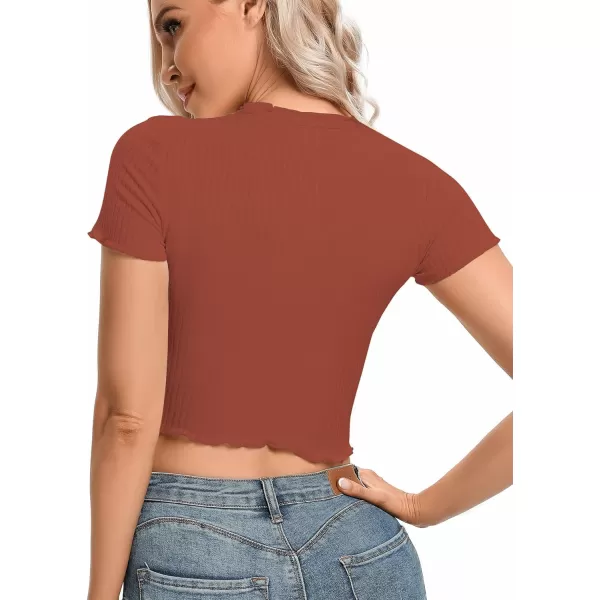 LYANER Women's Lettuce Trim Ribbed Knit Short Sleeve Crop Top Slim Fitted T-Shirt Tee