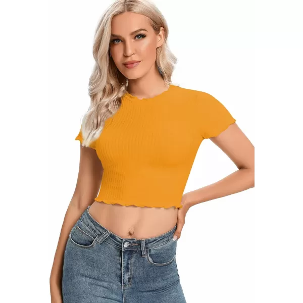 LYANER Women's Lettuce Trim Ribbed Knit Short Sleeve Crop Top Slim Fitted T-Shirt Tee