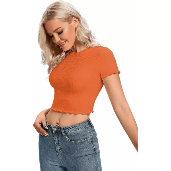 LYANER Women's Lettuce Trim Ribbed Knit Short Sleeve Crop Top Slim Fitted T-Shirt Tee