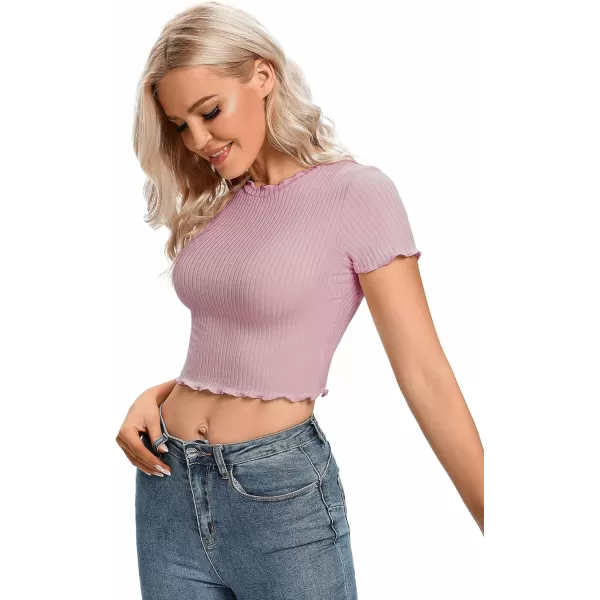 LYANER Women's Lettuce Trim Ribbed Knit Short Sleeve Crop Top Slim Fitted T-Shirt Tee