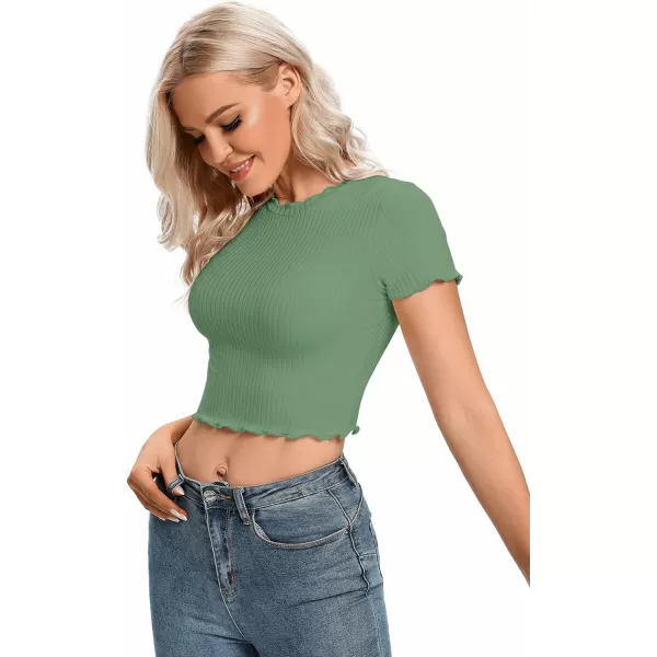 LYANER Women's Lettuce Trim Ribbed Knit Short Sleeve Crop Top Slim Fitted T-Shirt Tee