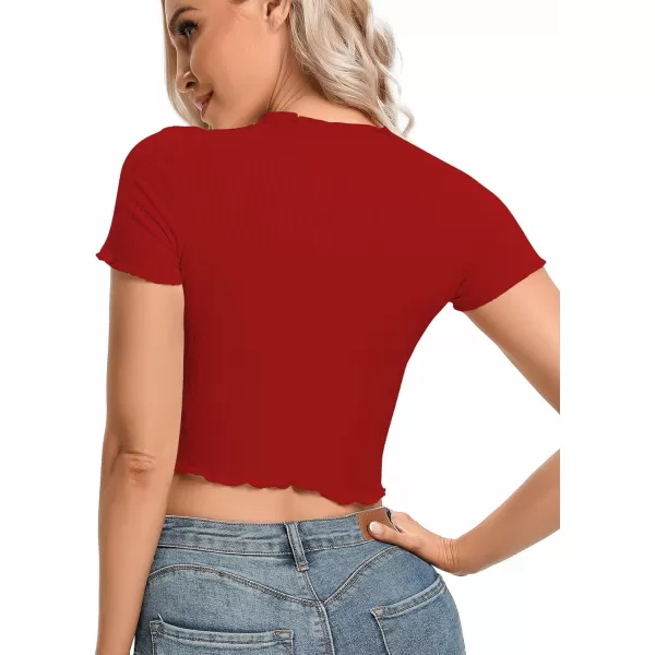 LYANER Women's Lettuce Trim Ribbed Knit Short Sleeve Crop Top Slim Fitted T-Shirt Tee