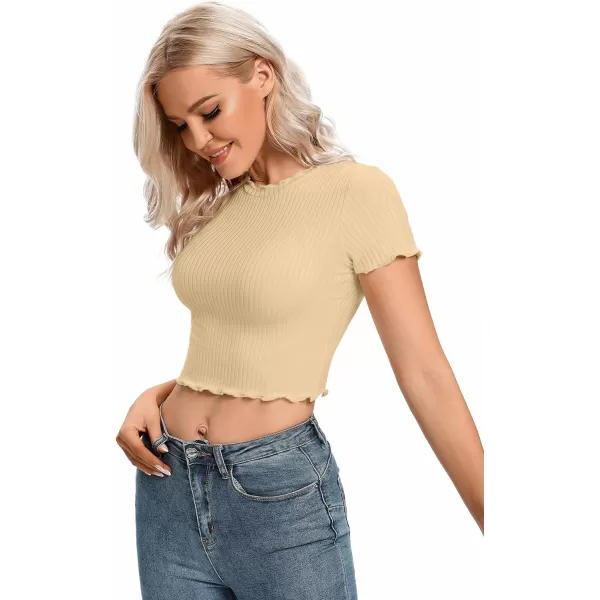 LYANER Women's Lettuce Trim Ribbed Knit Short Sleeve Crop Top Slim Fitted T-Shirt Tee