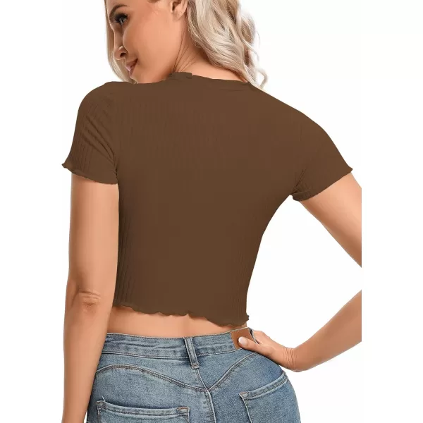 LYANER Women's Lettuce Trim Ribbed Knit Short Sleeve Crop Top Slim Fitted T-Shirt Tee