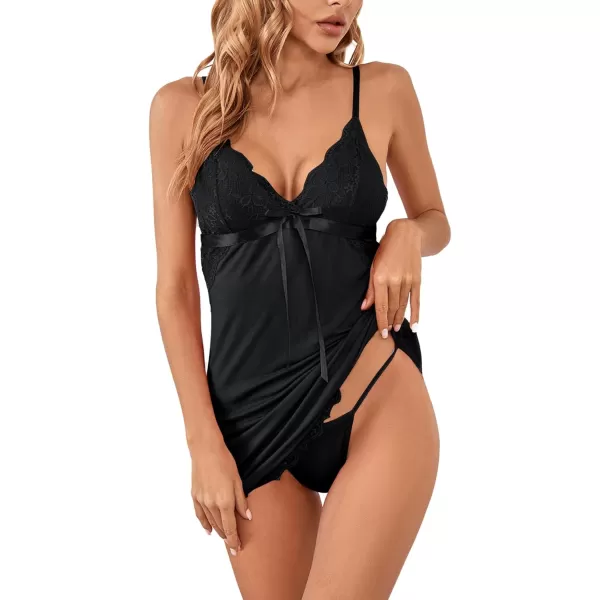 LYANER Women's Lingerie Lace Chemise Backless Strappy Mini Nightgown Teddy Dress