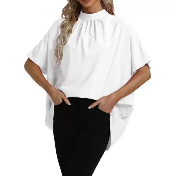 LYANER Women's Loose Smock Neck Pleated Asymmetric Batwing Short Sleeve Blouse Shirt Top