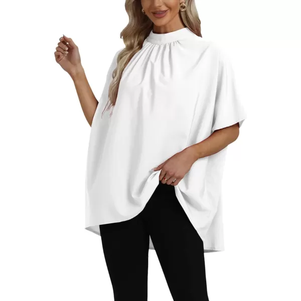 LYANER Women's Loose Smock Neck Pleated Asymmetric Batwing Short Sleeve Blouse Shirt Top