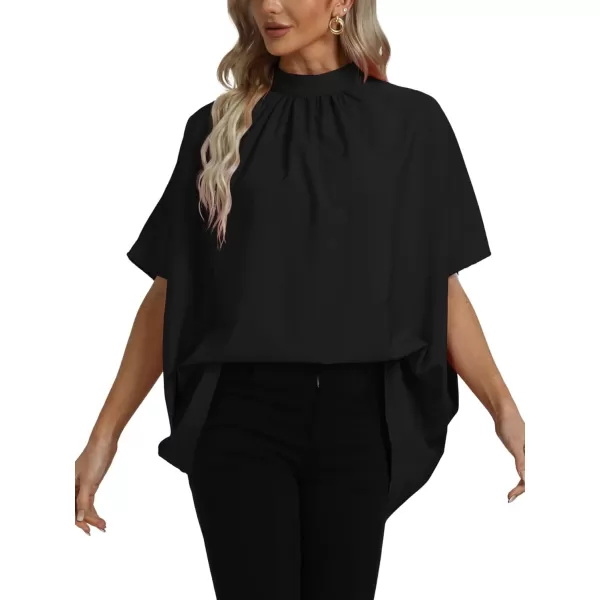 LYANER Women's Loose Smock Neck Pleated Asymmetric Batwing Short Sleeve Blouse Shirt Top