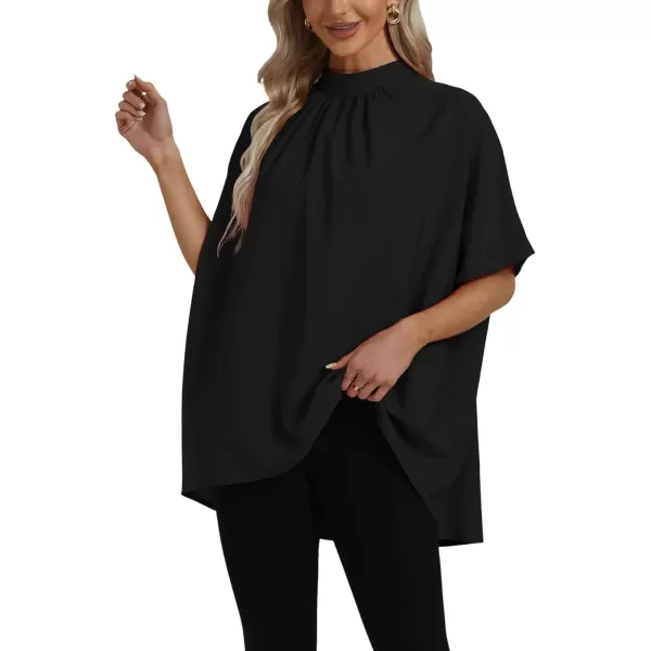 LYANER Women's Loose Smock Neck Pleated Asymmetric Batwing Short Sleeve Blouse Shirt Top
