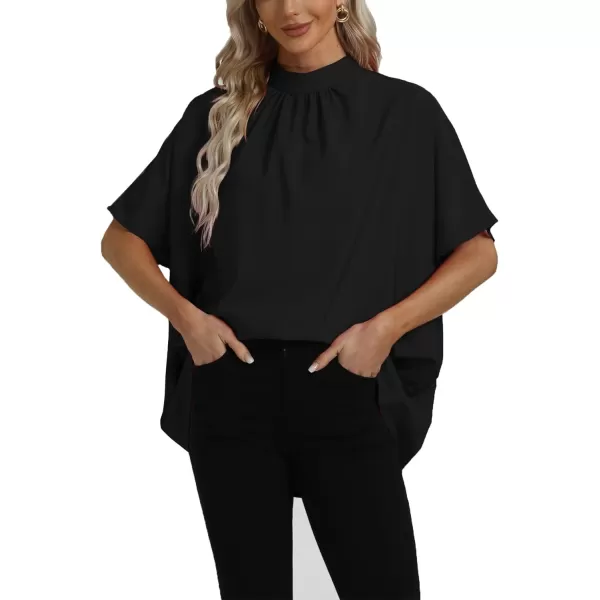 LYANER Women's Loose Smock Neck Pleated Asymmetric Batwing Short Sleeve Blouse Shirt Top