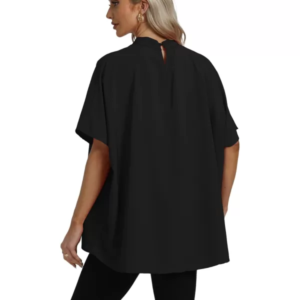 LYANER Women's Loose Smock Neck Pleated Asymmetric Batwing Short Sleeve Blouse Shirt Top