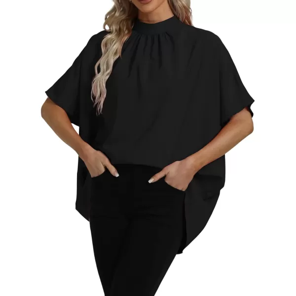 LYANER Women's Loose Smock Neck Pleated Asymmetric Batwing Short Sleeve Blouse Shirt Top