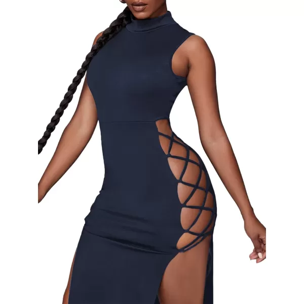 LYANER Women's Mock Neck Cut Out Side Lace Up Sleeveless Bodycon Maxi Tank Dress