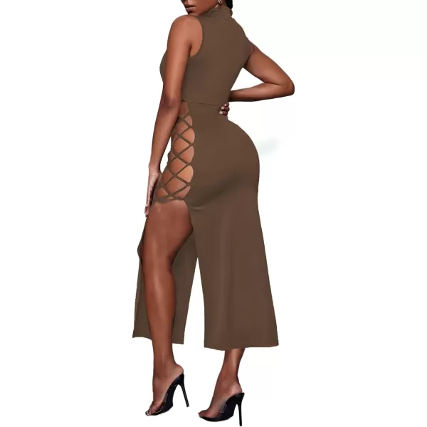 LYANER Women's Mock Neck Cut Out Side Lace Up Sleeveless Bodycon Maxi Tank Dress