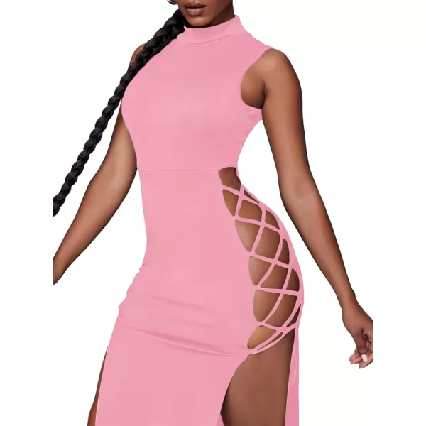 LYANER Women's Mock Neck Cut Out Side Lace Up Sleeveless Bodycon Maxi Tank Dress