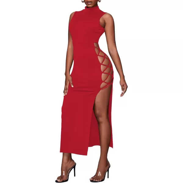 LYANER Women's Mock Neck Cut Out Side Lace Up Sleeveless Bodycon Maxi Tank Dress