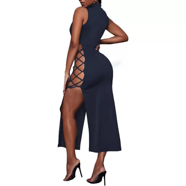LYANER Women's Mock Neck Cut Out Side Lace Up Sleeveless Bodycon Maxi Tank Dress