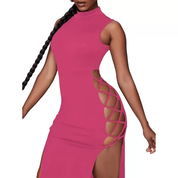 LYANER Women's Mock Neck Cut Out Side Lace Up Sleeveless Bodycon Maxi Tank Dress