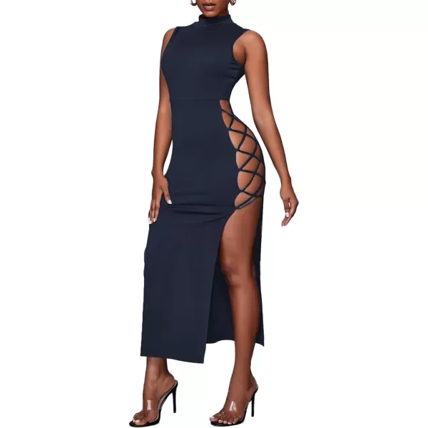 LYANER Women's Mock Neck Cut Out Side Lace Up Sleeveless Bodycon Maxi Tank Dress