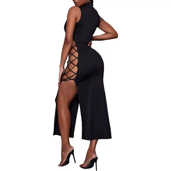 LYANER Women's Mock Neck Cut Out Side Lace Up Sleeveless Bodycon Maxi Tank Dress