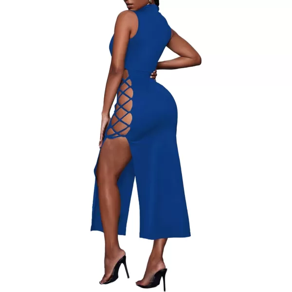 LYANER Women's Mock Neck Cut Out Side Lace Up Sleeveless Bodycon Maxi Tank Dress