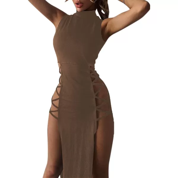 LYANER Women's Mock Neck Cut Out Side Lace Up Sleeveless Bodycon Maxi Tank Dress