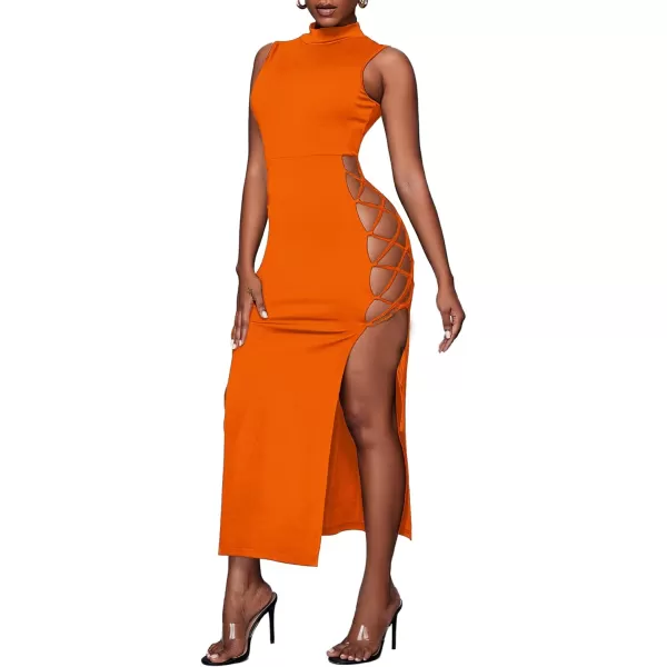LYANER Women's Mock Neck Cut Out Side Lace Up Sleeveless Bodycon Maxi Tank Dress