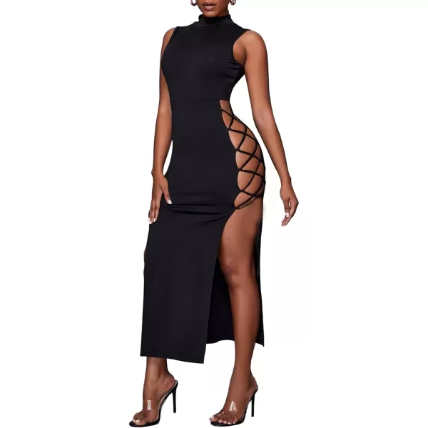 LYANER Women's Mock Neck Cut Out Side Lace Up Sleeveless Bodycon Maxi Tank Dress