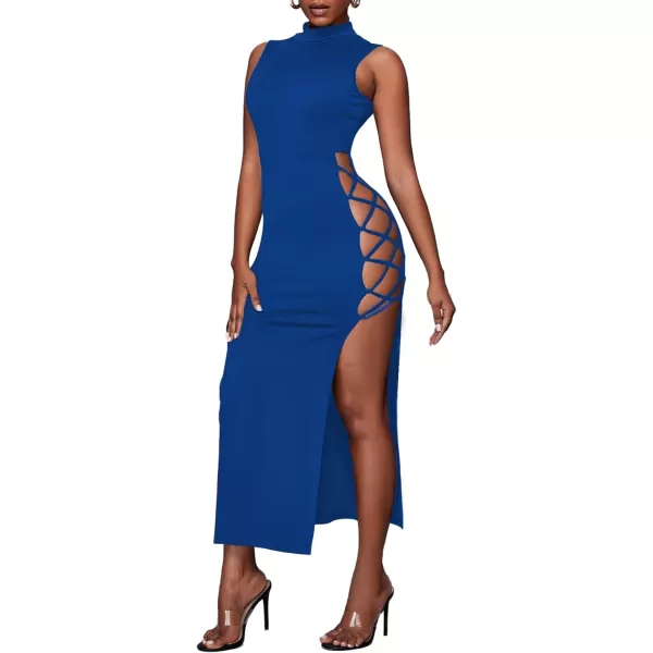LYANER Women's Mock Neck Cut Out Side Lace Up Sleeveless Bodycon Maxi Tank Dress