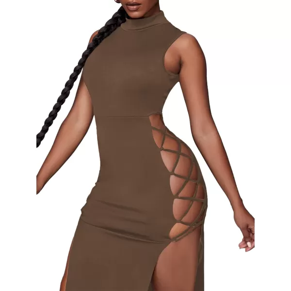 LYANER Women's Mock Neck Cut Out Side Lace Up Sleeveless Bodycon Maxi Tank Dress