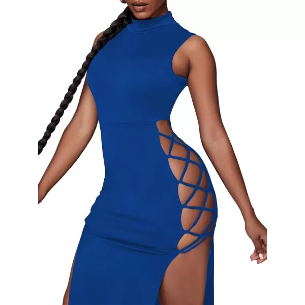 LYANER Women's Mock Neck Cut Out Side Lace Up Sleeveless Bodycon Maxi Tank Dress
