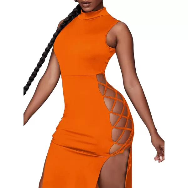 LYANER Women's Mock Neck Cut Out Side Lace Up Sleeveless Bodycon Maxi Tank Dress