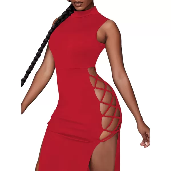 LYANER Women's Mock Neck Cut Out Side Lace Up Sleeveless Bodycon Maxi Tank Dress