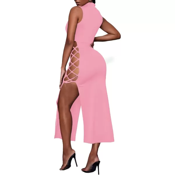 LYANER Women's Mock Neck Cut Out Side Lace Up Sleeveless Bodycon Maxi Tank Dress