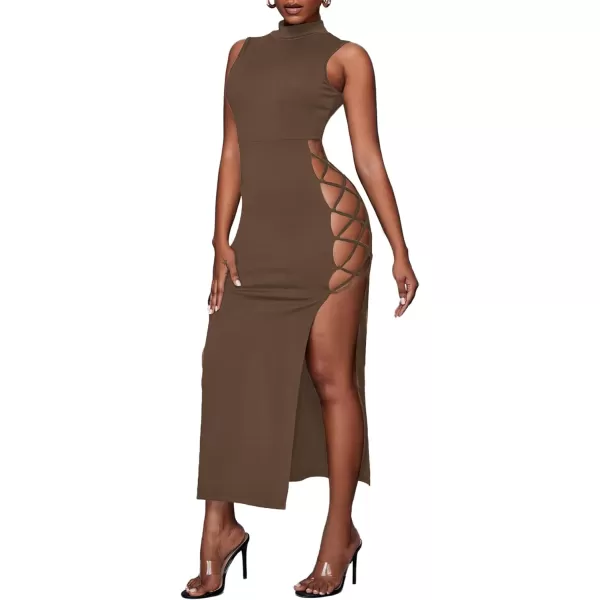 LYANER Women's Mock Neck Cut Out Side Lace Up Sleeveless Bodycon Maxi Tank Dress