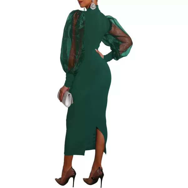 LYANER Women's Mock Neck Mesh Long Sleeve Zipper Bodycon Maxi Long Dress
