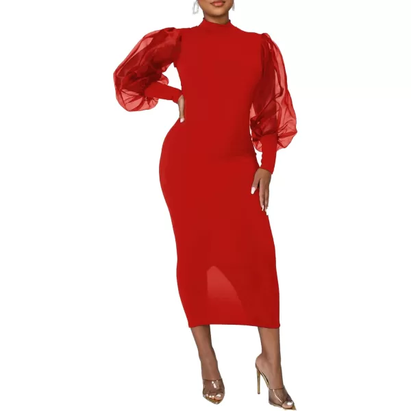 LYANER Women's Mock Neck Mesh Long Sleeve Zipper Bodycon Maxi Long Dress