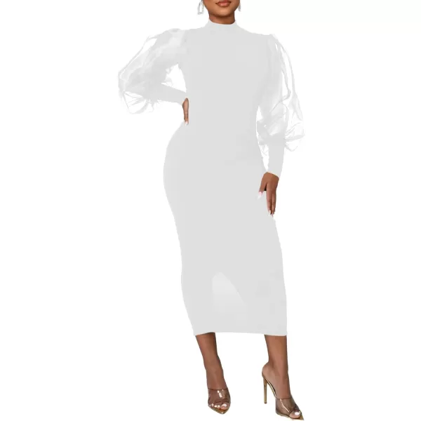 LYANER Women's Mock Neck Mesh Long Sleeve Zipper Bodycon Maxi Long Dress