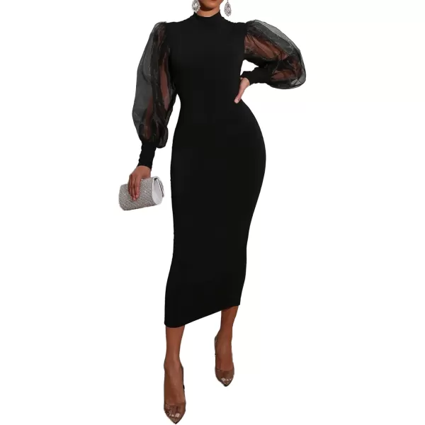 LYANER Women's Mock Neck Mesh Long Sleeve Zipper Bodycon Maxi Long Dress