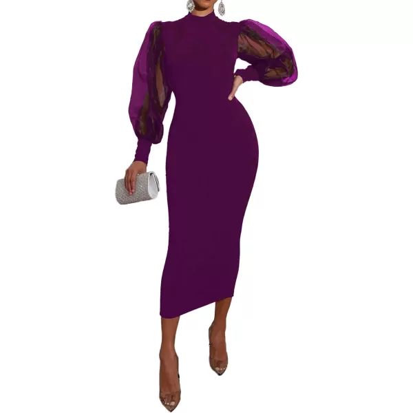 LYANER Women's Mock Neck Mesh Long Sleeve Zipper Bodycon Maxi Long Dress