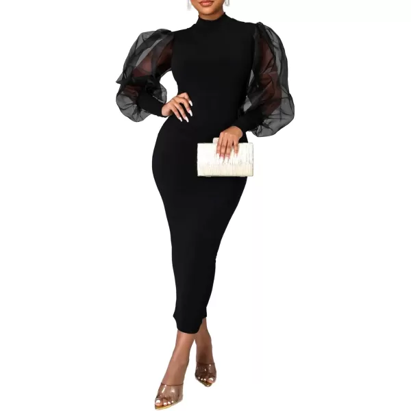 LYANER Women's Mock Neck Mesh Long Sleeve Zipper Bodycon Maxi Long Dress