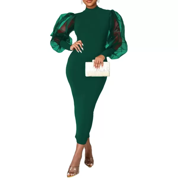 LYANER Women's Mock Neck Mesh Long Sleeve Zipper Bodycon Maxi Long Dress