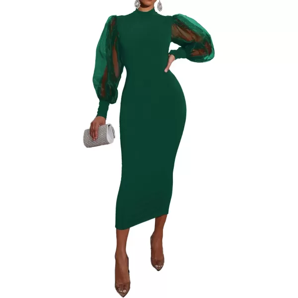 LYANER Women's Mock Neck Mesh Long Sleeve Zipper Bodycon Maxi Long Dress